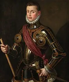 Three-quarters oil portrait of a young man standing before a black background in ornate armour with a sash across his chest and a ruff at his neck