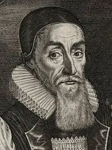 A line drawing of Hall with a hood and long beard