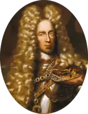 Oval painting of a man wearing an enormous curly blonde wig that reaches to his chest. Under his pretty golden tresses he wears a steel cuirass.