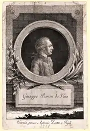 Sepia portrait of a man in profile who has an 18th-century wig. He wears a gray coat with one row of buttons. The profile is within a circle over a pedestal labeled Giuseppe Baron de Vins.