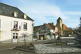 The town hall and church in Joux-la-Ville