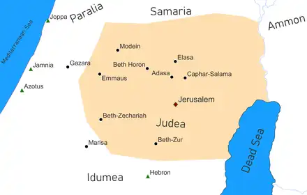 Battles during the Maccabean Revolt.  Circles mark battles against Seleucids in Judea, triangles outlying cities attacked by the Maccabees.