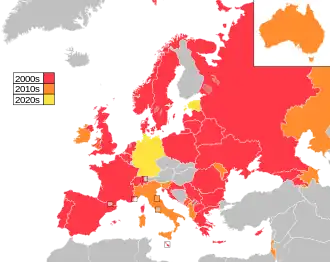 Map of countries in Europe, North Africa and Western Asia, with Australia as an insert in the top-right corner, coloured to indicate the decade in which they first participated in the contest: 2000s in red, 2010s in orange, 2020s in yellow