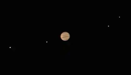 Jupiter and all of the Galilean moons as seen through a 25 cm (10 in) amateur telescope (Meade LX200).