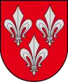 A coat of arms depicting three grey fleurs-de-lis, two directly across from each other at the top and one on the bottom, all on a red background