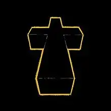 A black cross outlined in yellow against a black background