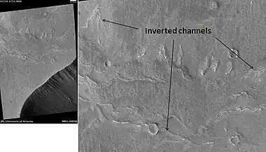 Inverted Channels near Juventae Chasma, as seen by HiRISE.  Channels were once regular stream channels. Scale bar is 500 meters long.