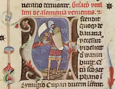 Chronicon Pictum, Hungary, Hungarian nobility, Vencellin, knight, flag, shield, ancestor, forefather, Ják family, medieval, chronicle, book, illumination, illustration, history