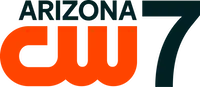 The CW logo, an orange thick logo with the letters C and W connected, in the lower left. Above it, right-aligned, is the word Arizona capitalized in a sans serif. To the right of both, full-height, is a sans-serif numeral 7.