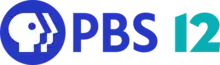 The PBS logo in blue next to a turquoise green numeral 12 in a sans serif