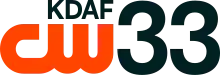 The CW logo, an orange thick logo with the letters C and W connected, in the lower left. Above it, right-aligned, is the words KDAF capitalized in a sans serif. To the right of both, full-height, is a sans-serif numeral 33.