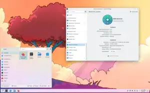 Screenshot of KDE neon 6 with the KDE Plasma 6 desktop environment. Also containing on this picture is the open menu and setting page targeted to the "About This System" tab.