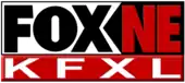 In a white box with black borders, the Fox network logo in black. To the right, in red on a black area, are the letters N E. Beneath on red are the white letters K F X L.