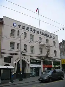 The KMT maintains offices in all the major Chinatowns of the world. Its United States party headquarters are located in San Francisco Chinatown, directly across from the Chinese Six Companies.