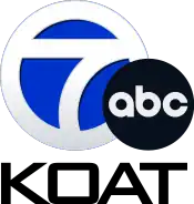 A circle 7 logo in silver, filled in blue, with the ABC logo sitting over it in the lower right. Below at left are the call letters K O A T in black.