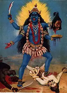 A ca. 1910 chromolithograph of Kali trampling Shiva by Raja Ravi Varma