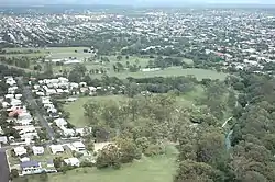 Parts of Kalinga Park (foreground), Shaw Park and Mercer Park (background) looking west from Clayfield