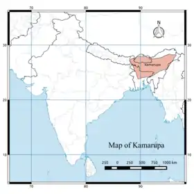 The 7th and 8th century extent of Kamarupa kingdom, located on the eastern region of the Indian subcontinent, what is today modern-day Assam, Bengal and Bhutan. Kamarupa at its height covered the entire Brahmaputra Valley, parts of  North Bengal, Bhutan and northern part of Bangladesh, and at times portions of West Bengal and Bihar.