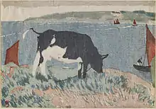 Colour print of a cow grazing by the waterside