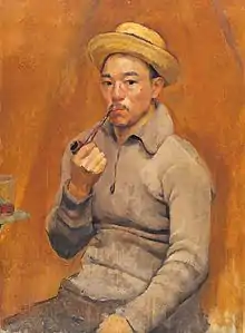 Oil painting of a man seated, wearing a hat and holding a pipe to his mouth