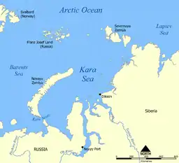 Map showing the Kara Sea.