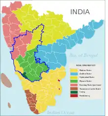 Map of southern India before the reorganisation of 1956 with the blue outline of the expanded Mysore State (after 1956)