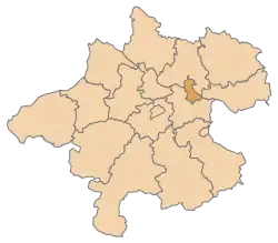 The city’s territory, highlighted on a map of Upper Austria, with the borders of the surrounding districts visible.