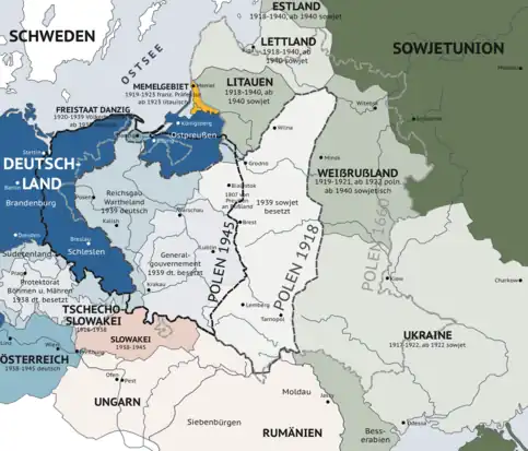 An illustration of the changing borders in Eastern Europe before, during, and after World War II (Map is written in German.)