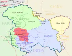 A map of the Kashmir division (in red) of the Indian-administered Jammu and Kashmir in the disputed Kashmir region.