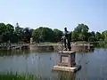 A statue of Egmont stands in the middle of the old moat of Egmond aan den Hoef