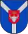 A coat of arms depicting a grey bull's head with a golden cross protruding from the top all on a red crest on a blue background