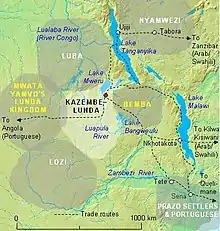 Map of the Kazembe kingdom, larger than and west of the Bemba kingdom