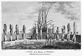 A 1782 illustration of a heiau temple in Hawaii