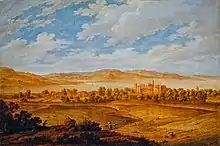 Painting of a far view of a Victorian palace estate.