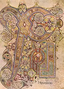 Folio 34r of the Book of Kells is the Chi Rho page, expanding the first two letters of the word Christ.