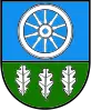 A coat of arms depicting a white wheel on a light blue background at the top and three white leaves on a green background at the bottom