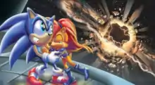 A piece of concept art for Penders's Sonic Armageddon pitch. To the left the characters of Sonic the Hedgehog and Sally Acorn are depicted crying in each others arms, with Sally having visible tears. The planet Mobius exploding in the background.