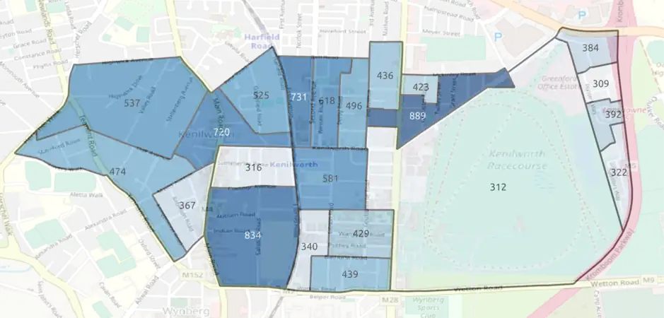 A population map of Kenilworth based on Census 2011 data. Areas are coloured according to the number of people in each small area within Kenilworth at the time of the 2011 Census. With darker blue areas having more people and lighter blue areas having relatively fewer people. The number of people in each small area is indicated within its respective small area.