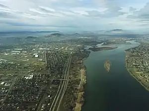 Aerial view of Kennewick fromabove the Columbia River