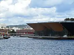 The approach to Gravanekanalen that separates Odderøya from the rest of the town centre of Kristiansand. Kilden Performing Arts Centre is to the right.