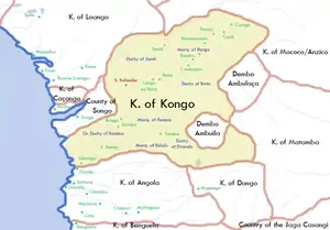 The "Kingdom of Congo"
(now usually rendered as "Kingdom of Kongo" to maintain distinction from the present-day Congo nations)