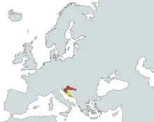 Map of the Kingdom of Croatia-Slavonia (red) and the Kingdom of Dalmatia (yellow) circa 1885.