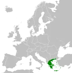 Map of Europe in 1973, showing Greece highlighted in green