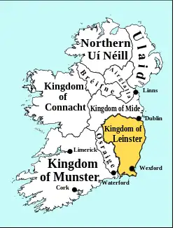 A map of Leinster in the 10th century, with boundaries accounting for the loss of Osraige.