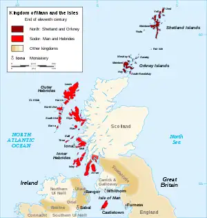 Kingdom of the Isles or 'Sodor' (bright red) in the 11th Century