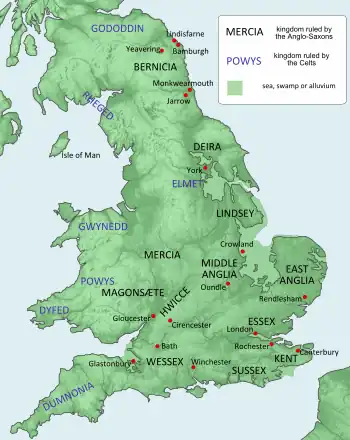 Map showing the kingdoms of Dyfed, Powys, and Gwynedd in the west central part of the island of Great Britain. Dumnonia is below those kingdoms. Mercia, Middle Anglia and East Anglia run across the middle of the island from west to east. Below those kingdoms are Wessex, Sussex and Kent, also from west to east. The northern kingdoms are Elmet, Deira, and Bernicia.