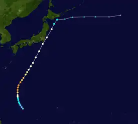 Map of a track across the western Pacific Ocean north of the equator. The track starts east of the Philippines and moves in a general northward direction before passing near eastern Japan where it takes a sharp right turn and goes due west over open waters.