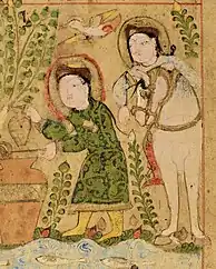 Figures in Turkic dress, with aqbiya turkiyya coat, tiraz armbands, boots and sharbush hat. Kitāb al-Diryāq, Jazira, 1198-1199 CE.