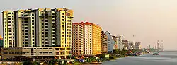 A wide view of the buildings lining the Marine Drive