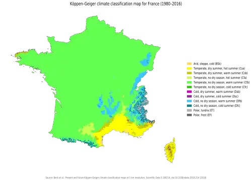 Köppen-Geiger classification of France based on 1980-2016 data.